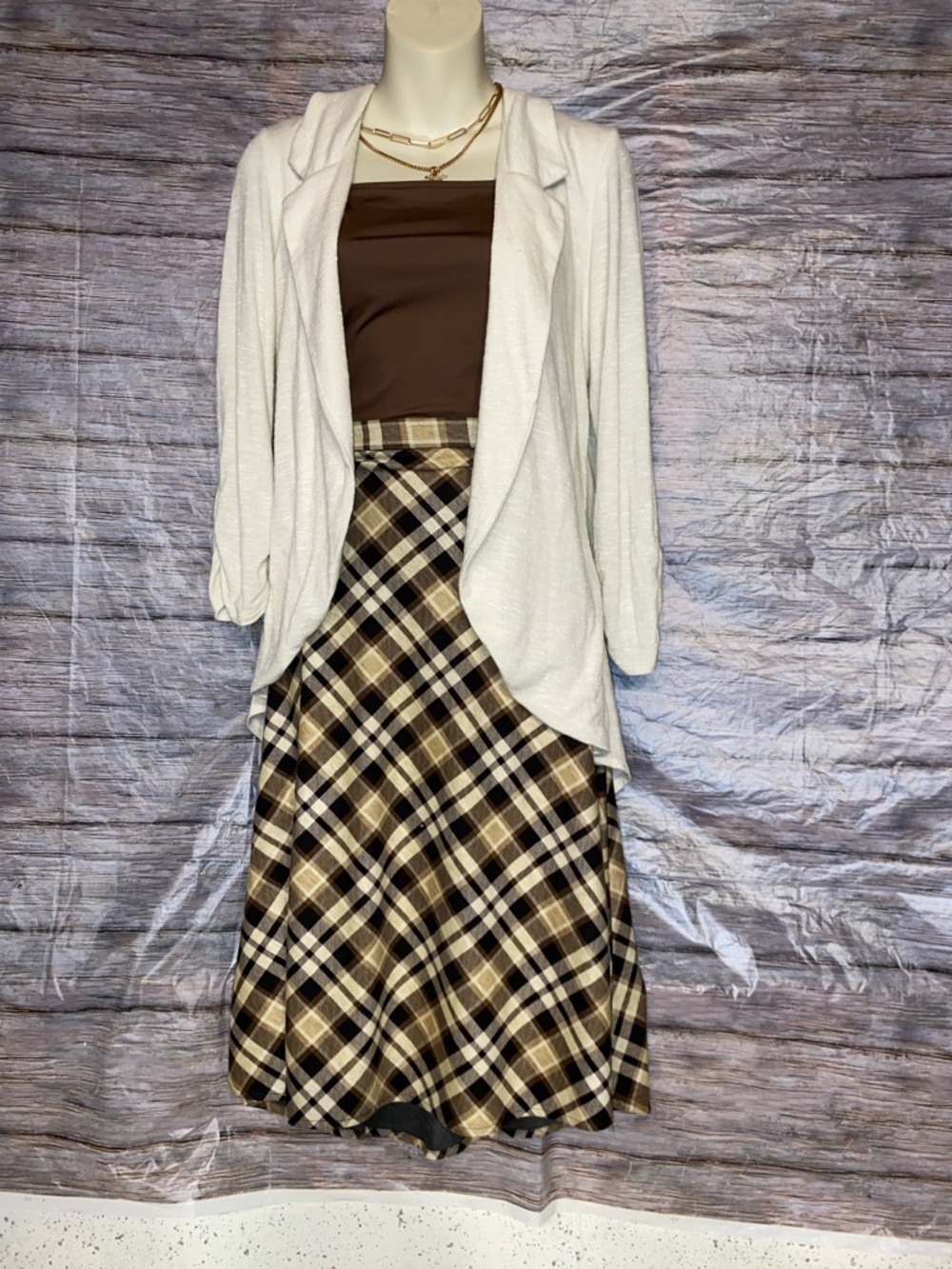 Christopher & Banks Brown and Cream Plaid A-Line Midi Skirt